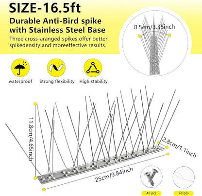 Bird Spikes,20Pcs,Stainless Steel Spikes with Base,Keep Woodpeckers Pigeon Raccoons Away,Anti Climb Spikes for Graden Patio Fence,16Ft