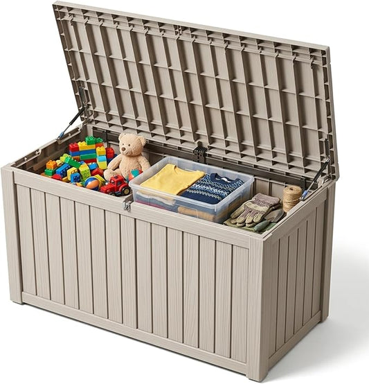 Outdoor Storage Box, 180 Gallon Waterproof Deck Box [Upgraded 3.0], Piston-Lift Tall Standing Cabinet for Oversized Cushions, Lockable Deep Tool Organizer Storage Bench, Large Lawn, Grey