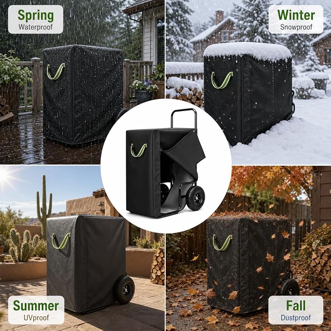 Firewood Cart Cover, 600D Oxford Waterproof Log Cart Cover Replacement with Zipper and Hook & Loop Fasteners, Weather Resistant Protector for Rolling Firewood Rack Indoor Outdoor