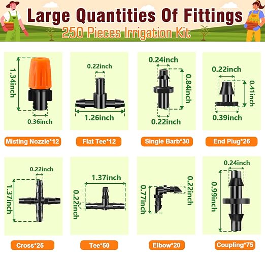 250-Piece Drip Irrigation Fittings Kit for 1/4" Tubing, Complete Set of Barbed Connectors for Drip System Setup (Nozzles, Nozzle Tees, Single Barbs, Couplings, Tees, Elbows, Plugs, Crosses)
