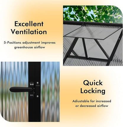 6X10FT Enhanced Aluminum Small Greenhouse for Outdoors with Thermometers | Easy Assembly, UV-Resistant Panels, Built-in Reinforcement, Lockable Sliding Door, Roof Vent, For Vegetable, Flower and Herb