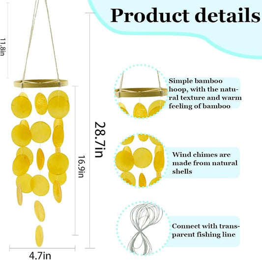Wind Chimes Outdoor with Round Capiz Shells,Ocean Theme Party Decorations Memorial Wind Chimes Suitable for Indoor Front Porch Garden Patio Decoration(Orange 23inch)