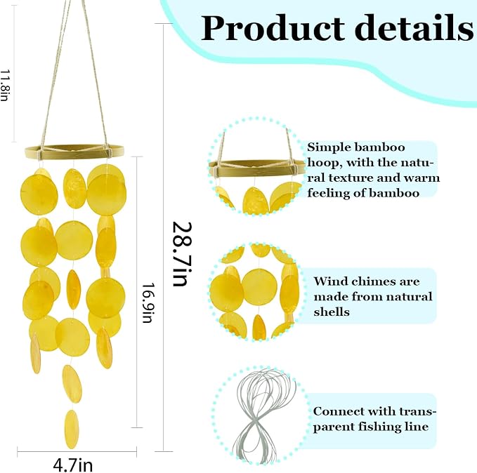 Wind Chimes Outdoor with Round Capiz Shells,Beach Theme Party Decorations Memorial Wind Chimes Suitable for Indoor Front Porch Garden Patio Decoration(Green 23inch)