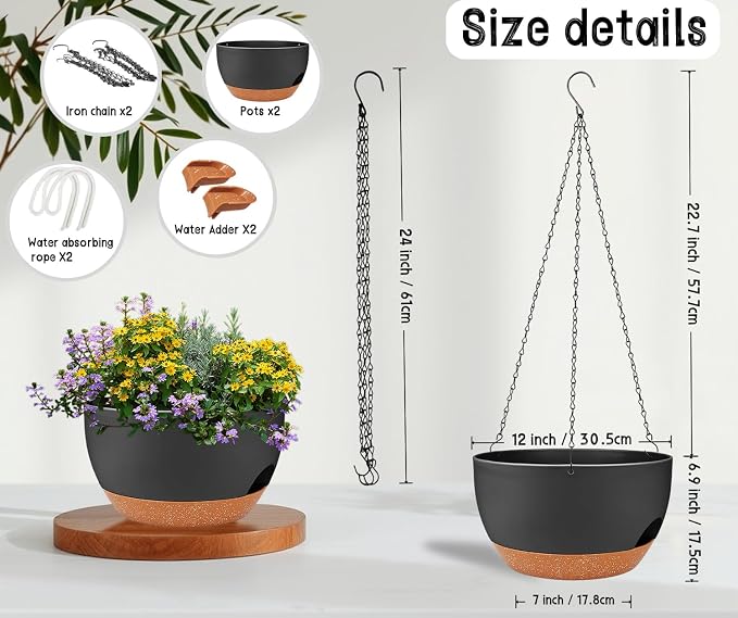 12" Self Watering Hanging Planters with Chains, Black Brown，2 Pack | 43 Oz removable self-watering reservoir, for indoor/outdoor plants, patio & garden