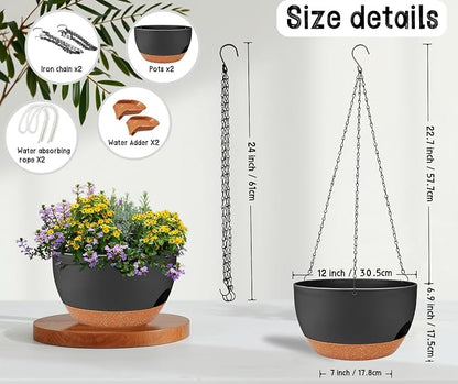 12" Self Watering Hanging Planters with Chains, Black Brown，2 Pack | 43 Oz removable self-watering reservoir, for indoor/outdoor plants, patio & garden