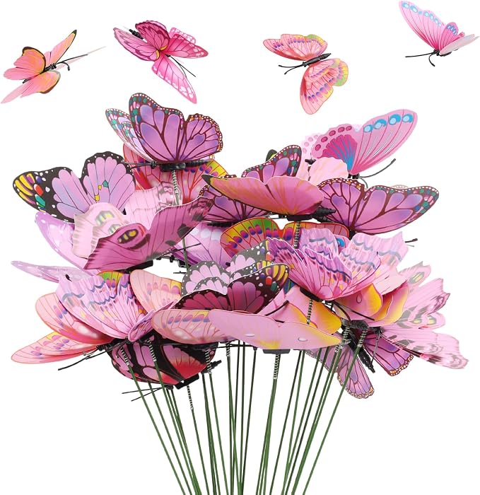30PCS Pink Butterfly Decor Fake Butterfly Garden Picks for Outdoor Decor | 3D Double Layer Waterproof Butterfly Decorative Garden Stakes for Flower Arrangements Outdoor Indoor Spring Garden Decor