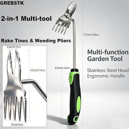 GREBSTK Deep Root Weed Puller, Stainless Steel Heavy Duty 5+2 Tooth | 5-Tooth Surface & 2-Tooth Root Claws, Rustproof Steel, Non-Slip Grip, for Dandelion, Thistle, Crabgrass in Lawns & Beds