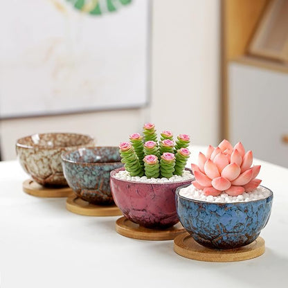YYW Ceramic Succulent Planter, 4 Pack Cute Garden Pots with Drainage and Attached Saucer