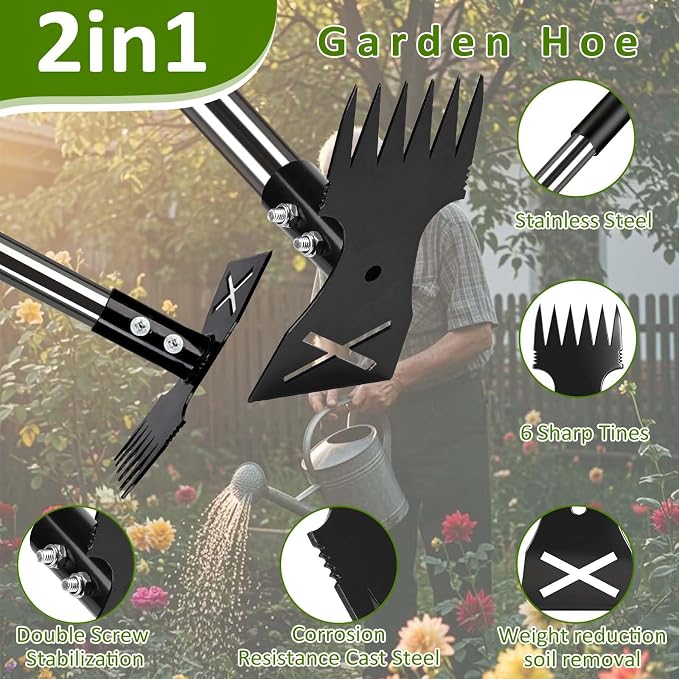 Weed Puller Tool with Long Handle-Vertical Adjustable Weeder, 2-in-1 Garden Hoe and Weeding Rake Combination, Weeding Tool for Garden, Lawn, Farm and Courtyard