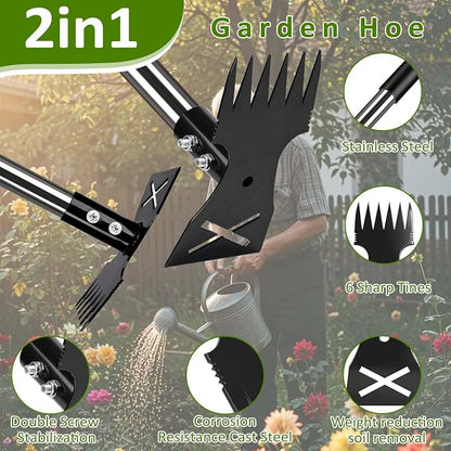 Weed Puller Tool with Long Handle-Vertical Adjustable Weeder, 2-in-1 Garden Hoe and Weeding Rake Combination, Weeding Tool for Garden, Lawn, Farm and Courtyard