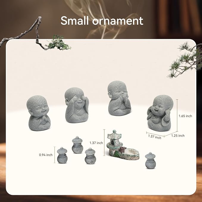 Laughing Buddha Statue Zen Set 4 Pcs with Wood Base, Lotus Incense Burner, Copper Incense Holder, Incense Sticks & Cleaning Brush All in One Feng Shui Decor for Home, Meditation, Desk & Spiritual Gift
