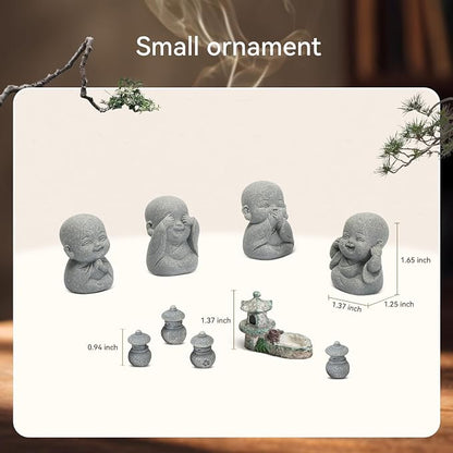 Laughing Buddha Statue Zen Set 4 Pcs with Wood Base, Lotus Incense Burner, Copper Incense Holder, Incense Sticks & Cleaning Brush All in One Feng Shui Decor for Home, Meditation, Desk & Spiritual Gift