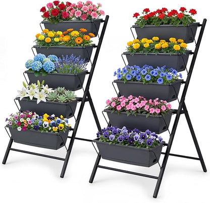 Giantex 5 Tier Vertical Planter Set of 2, Raised Garden Bed with Drainage Holes & Removable Trays, Metal Frame Elevated Planter Boxes for Herbs Vegetables Flowers, Indoor Outdoor Patio Balcony