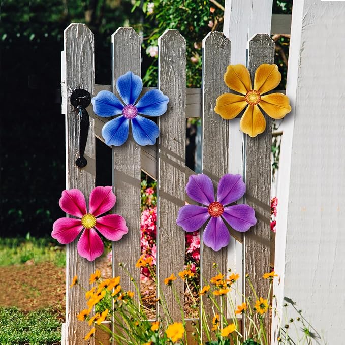 Giyyomtr Flowers Outdoor Wall Decor - 4 Pack 6.2'' Metal Flower Wall Art Hanging Decorations for Outdoor Fence Garden Yard Patio Exterior Decor