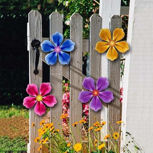 Giyyomtr Flowers Outdoor Wall Decor - 4 Pack 6.2'' Metal Flower Wall Art Hanging Decorations for Outdoor Fence Garden Yard Patio Exterior Decor