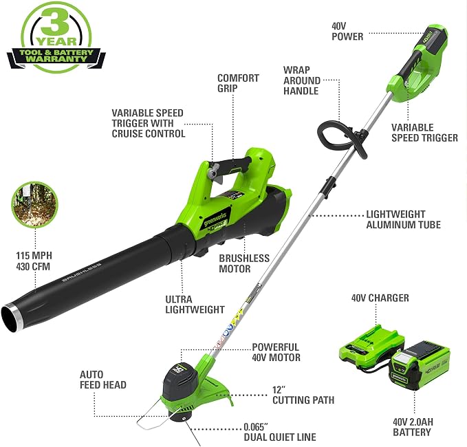 Greenworks 40V Cordless String Trimmer and Leaf Blower Combo Kit, 2.0Ah Battery and Charger Included & Greenworks 0.065" Dual Line Replacement String Trimmer Line Spool, 3 count (Pack of 1)