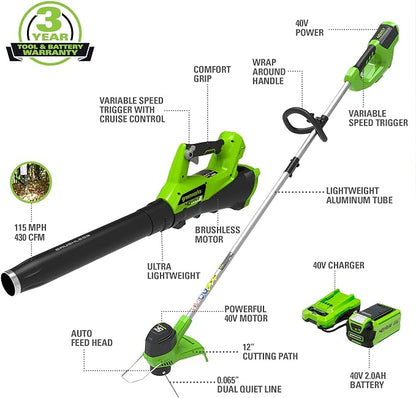 Greenworks 40V Cordless String Trimmer and Leaf Blower Combo Kit, 2.0Ah Battery and Charger Included & Greenworks 0.065" Dual Line Replacement String Trimmer Line Spool, 3 count (Pack of 1)