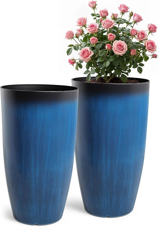 2-Pack 23.75" Cobalt Blue Round Tall Planters with Drainage Holes | Set of 2 PP tall planters with cobalt glaze look, drainage plugs, and UV-treated finish for porch, patio, or entryway
