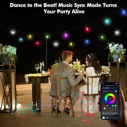 Outdoor String Lights Waterproof Patio Lights 104FT (2x52FT) 40 RGBW Dimmable LED Bulbs, APP & Remote Control, Shatterproof Hanging Color Changing Lights for Outside Backyard Party Porch Balcony