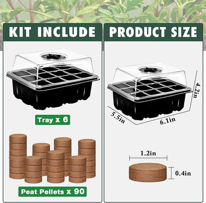 ZeeDix 6 Set Seed Starter Tray Kits, 6 Pack Seed Trays with 90 Pack Coco Coir Pellets, Adjustable Humidity Germination Tray with Dome Lids for Indoor Plants, Mini Greenhouse for Vegetables Garden