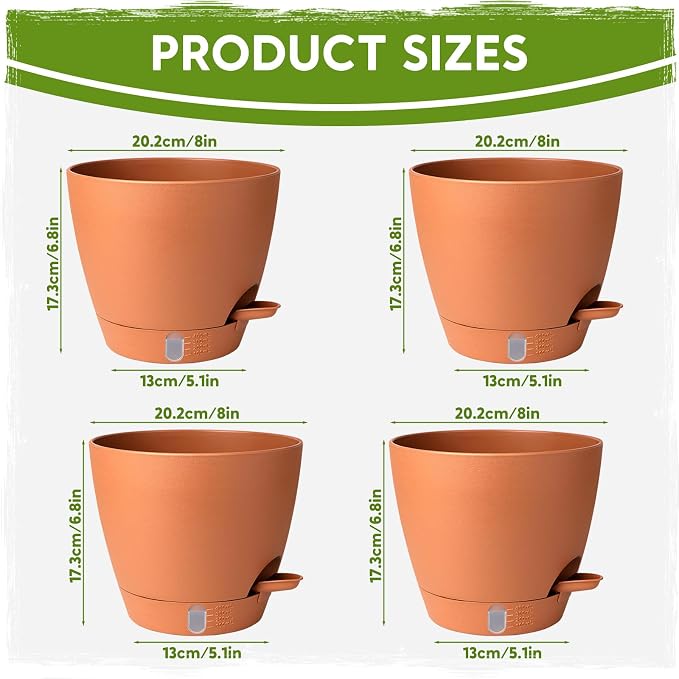 8 Inch Self Watering Pots for Indoor Plants, Plastic Planters with Deep Reservoir & Drainage Holes, Flower Pots for Monstera, Snake Plant & Peace Lily, Worry-Free Vacation Care (Terra Cotta, 8 inch)