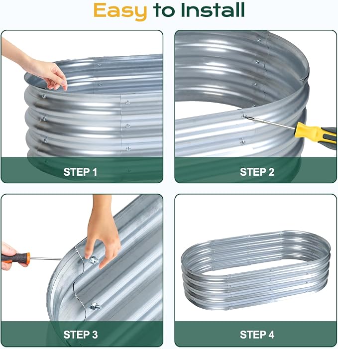 Aoodor Galvanized Raised Garden Bed Kit, 3 x 2 x 1 Ft Oval Outdoor Metal Planter Box for Vegetables, Flowers & Herbs, Silver