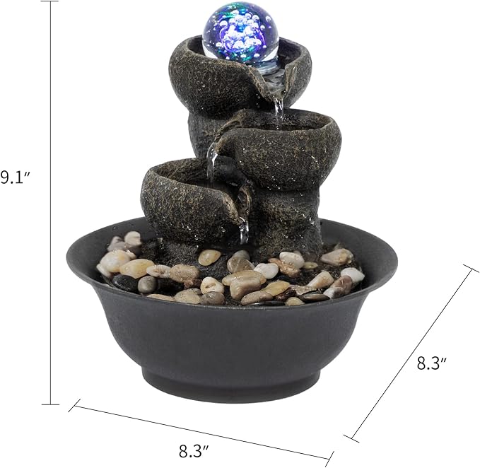 Ferrisland Indoor Tabletop Water Fountain, Desktop & Table Waterfall Fountains, Relaxation Fengshui Home Decor with LED Light for Home Office Bedroom House Warming Gift Idea (Three Stairs)