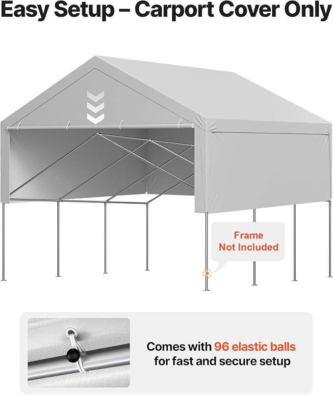 VEVOR Carport Replacement Canopy Cover, 20 x 20 ft Potable Garage Tent Top Tarp with Sidewalls, UV-Resistant & Waterproof, Heavy Duty Car Shelter Tarp with Ball Buggees, Grey, Frame Not Included