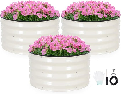 INNO STAGE 3 Pcs Round Galvanized Raised Garden Bed — 2×2×1ft Planter Box Outdoor Raised Beds Kit for Gardening Vegetables, Fruits, Herbs, and Flowers, White