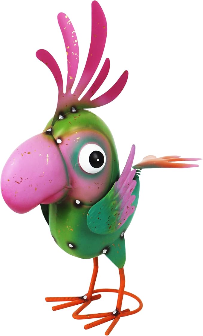 Metal Parrot Statue Outdoor Garden Decor,15" Bird Decor Yard Statue Decorations Outdoor,Funny Parrot Sculpture for Patio, Lawn, Backyard(Green and Pink)