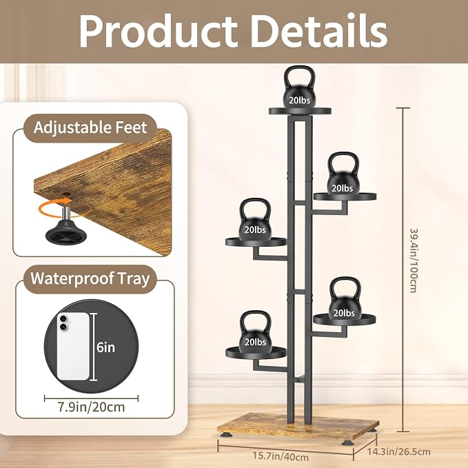 LASZOLA Black 5 Tiered Plant Stand Indoors Heavy Duty Metal Rack, Sturdy Multi Level Shleving Hold Flowers, Larger House Decorate Ladder for Planting Inside Tree Herb Cactus, Wooden Base, Space Saving