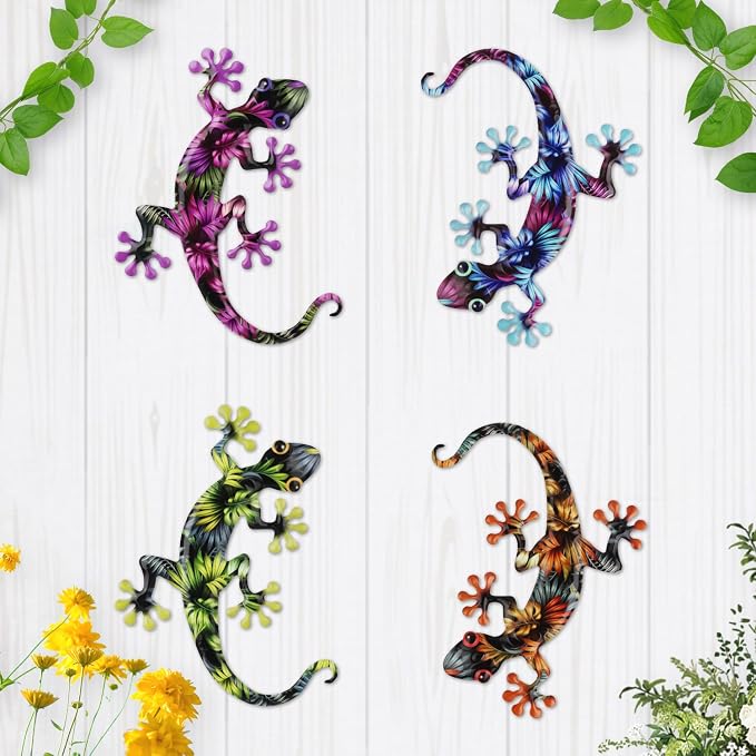 Junware 4 Pcs Metal Gecko Wall Art Outdoor Decor Metal Lizards Wall Decor Lizard 8.7 * 11.8 Inch Suitable for Hanging in Yard Garden Patio Fence Home, Idea Gifts for Mom Father Friends
