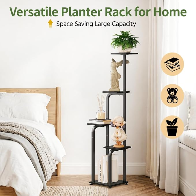 LASZOLA 5 Tiered Plant Stand Tall for Indoor Corner, Modern Multiple Flower Display Rack with Wooden Tray, Vertical Planter Shelf for Living Room Bedroom Patio Garden Balcony, Black