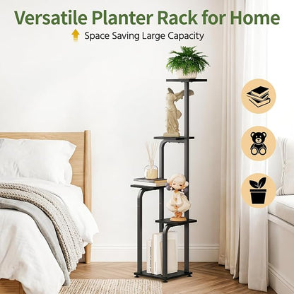 LASZOLA 5 Tiered Plant Stand Tall for Indoor Corner, Modern Multiple Flower Display Rack with Wooden Tray, Vertical Planter Shelf for Living Room Bedroom Patio Garden Balcony, Black