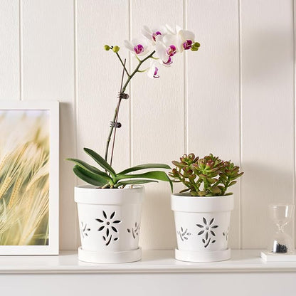STHIE Small Orchid Pots with Holes 5 Inch & 6 Inch, Ceramic Orchid Pots for Repotting, 2 Pack Breathable Slotted Orchids Planter, White Flower