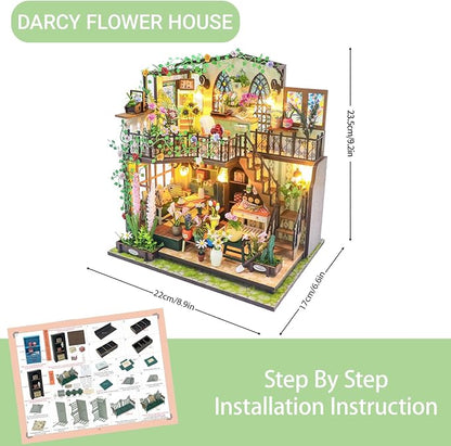 DIY Miniature House Kit, Fairy Dollhouse for Adults to Bulid,Tiny Home Making Kit with Wooden Furniture and LED, Halloween Decoration for Family and Friends (Darcy Flower House)