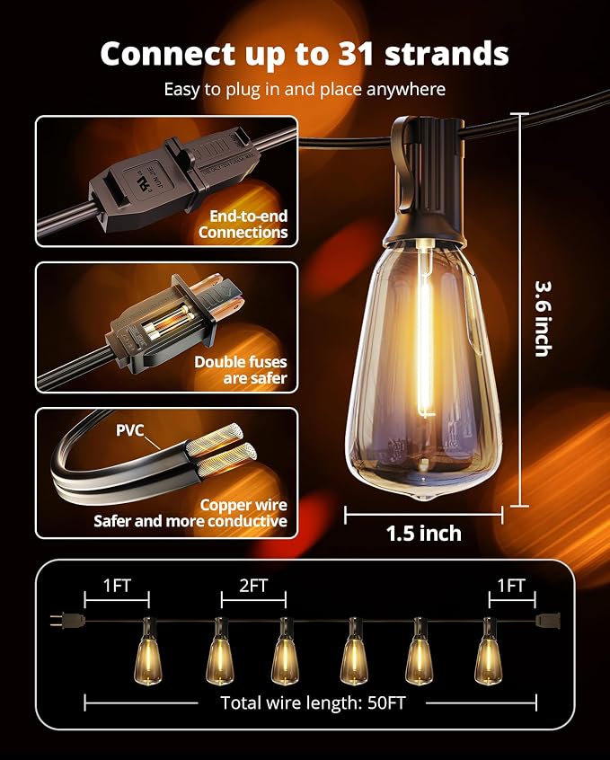 Outdoor String Lights 50FT, Patio Lights Outdoor Waterproof with 27 Bulbs | Shatterproof ST38 Edison Bulbs, Outside Hanging Light for Porch, Garden, Backyard, Deck, Balcony, Decor, 2700K Dimmable