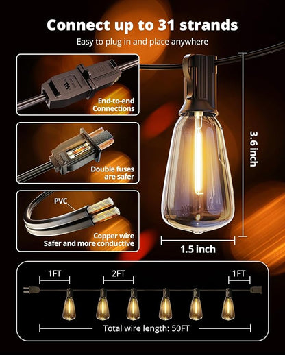 Outdoor String Lights 50FT, Patio Lights Outdoor Waterproof with 27 Bulbs | Shatterproof ST38 Edison Bulbs, Outside Hanging Light for Porch, Garden, Backyard, Deck, Balcony, Decor, 2700K Dimmable