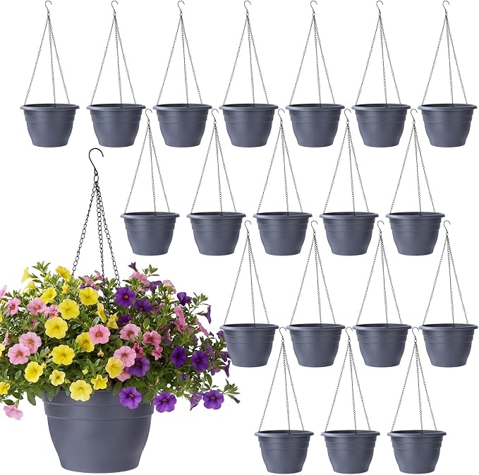 20 Pack 10 Inch Plastic Hanging Planter Bulk Gray Hanging Baskets for Plants with Drainage Trays Self Watering Plant Pot Outdoor Indoor Planter for Garden, Balcony, Porch, Patio Decor