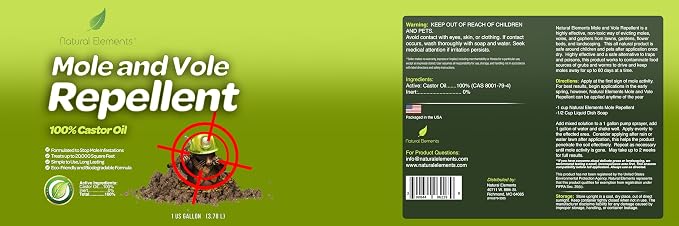 Natural Elements Mole and Vole Repellent – 100% Castor Oil Formula – Lawn and Yard Treatment – Covers Large Areas – 128 oz (1 Gallon)