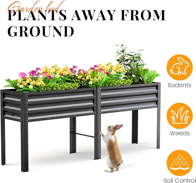 KING BIRD Raised Garden Bed with Legs & Water Storage Tank Galvanized Elevated Planter Box 80×17×31.5 in for Backyard, Patio, Balcony, 500lb Capacity, Dark Grey