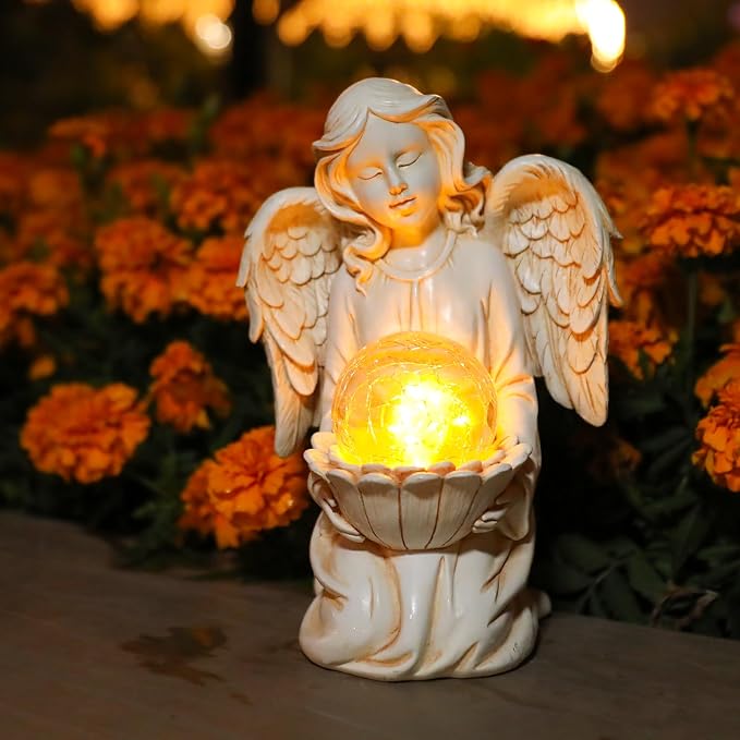 Angel Statue Outdoor Decor, Angel Garden Statues Holding Lotus Flower with Crackle Glass Globe Solar LED Lights Yard Decorations Lawn Ornaments Figurines for Outside or Gardening Gifts