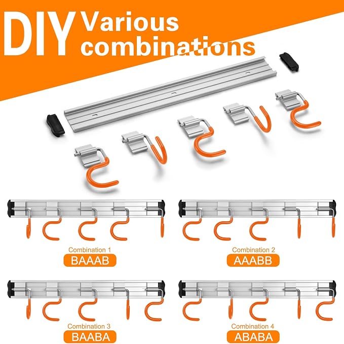 HUPBIPY 34.5'' Aluminum Alloy Garden Tool Organizer Wall Mount Garage Organizers and Storage with Hooks Tool Hangers for Shed Hooks for Shovel, Rake, Broom & More