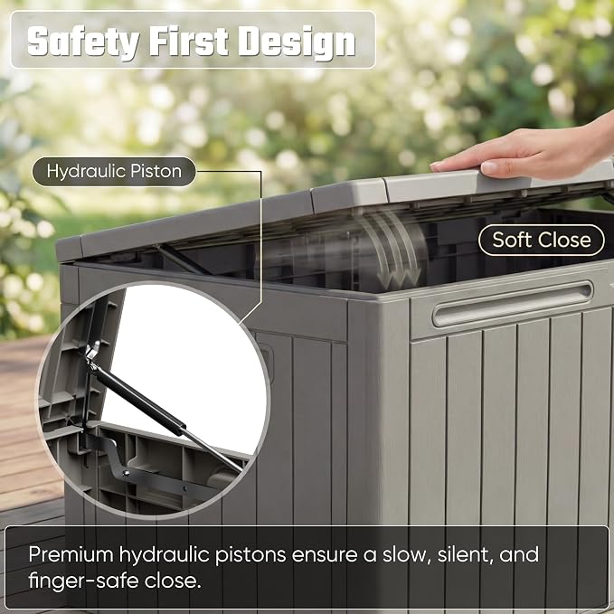 Greesum 110 Gallon Outdoor Storage Box with Lockable Lid, All-Weather Solution for Patio Furniture, Pool Supplies & Garden Tools, Waterproof, UV-Resistant Large Deck Box, Light Coffee