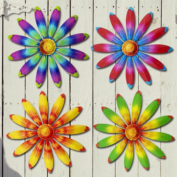 Giyyomtr Metal Flowers Wall Decor - 4pcs Metal Sunflowers Wall Art Hanging Decorations for Outdoor Fence Garden Yard Patio Exterior Wall Decor