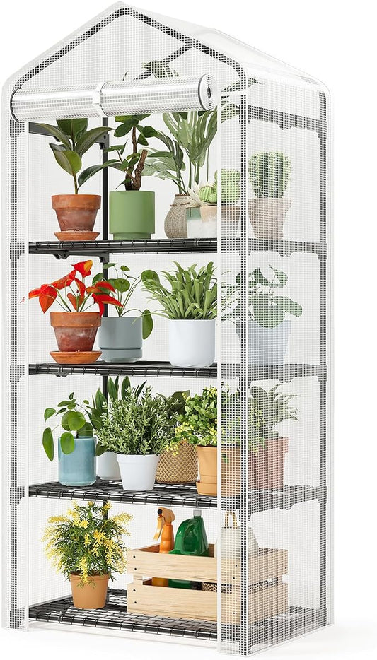 Superlele Mini Greenhouse, Plant Stand for Indoor Outdoor, 27x19x62-Inch Plant Greenhouse, 4 Tier Plant Shelf with Durable PE Mesh Cover, Portable Greenhouse for Seeding, Gardening Gifts