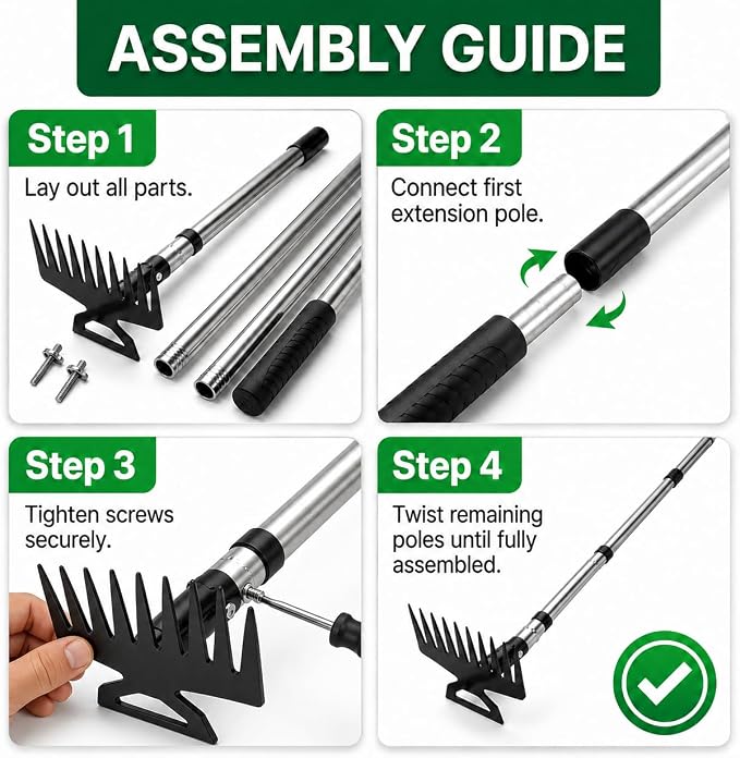 Premium 59" Long Handle 2-in-1 Weeding Tools for Garden, Patio & Path - Wheel Hoe & Rake, 11-Tine Stand Up Weed Puller, Heavy Duty Hand Weeder & Cultivator for Grass, Grandpas Fathers Dad Gift
