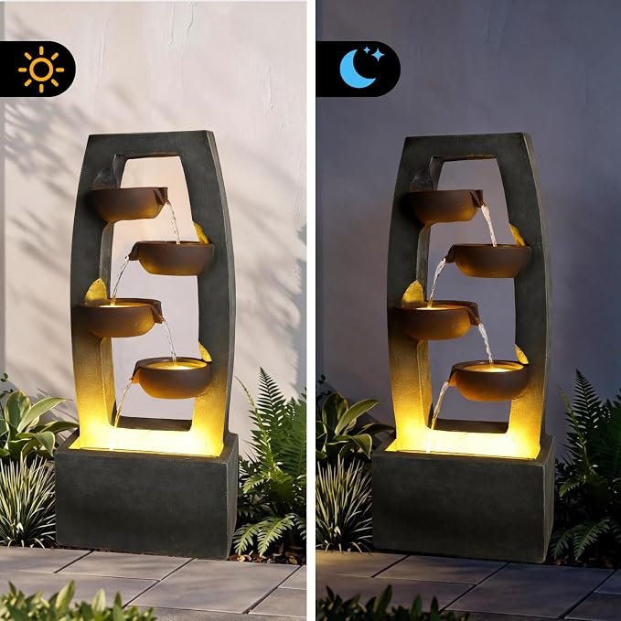 37.6" Outdoor Rock Water Fountain, Small Outdoor Fountain with Lights, 4-Tier Cascading Bowl Design Garden Water Feature, Modern freestanding Fountain for Patio Backyard Porch
