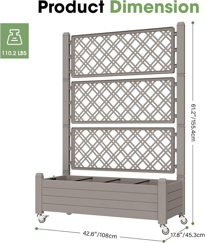 Fancyango Raised Garden Bed with Wheels 61.2" H -Gray | Resin Elevated Garden Planter Box with Trellis, Outdoor Planter Box for Veggies Herbs Patio Balcony Backyard