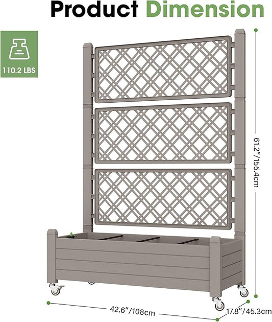 Fancyango Raised Garden Bed with Wheels 61.2" Hx2 - Gray | Resin Elevated Garden Planter Box with Trellis, Outdoor Planter Box for Veggies Herbs Patio Balcony Backyard